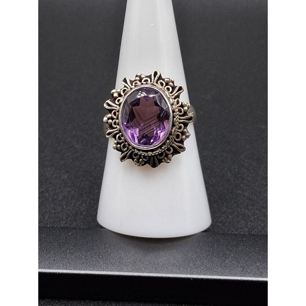 Ornate Amethyst Ring, Adjustable,Vintage Style, Sterling Silver, Boho, Artisan